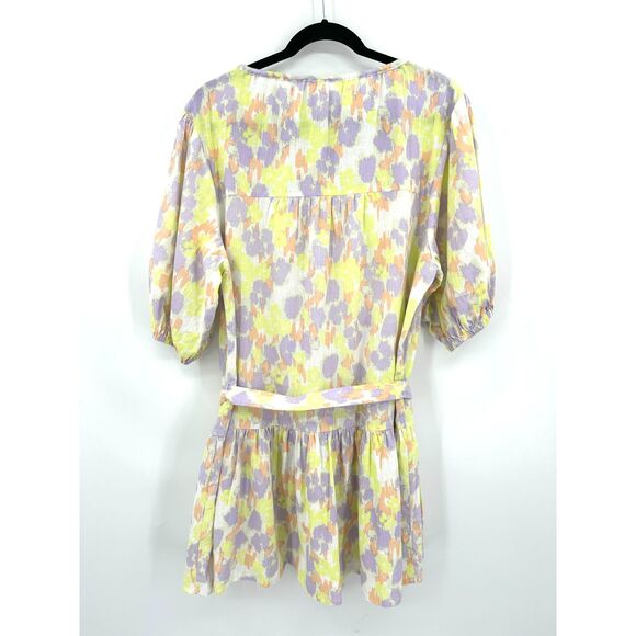 SABO Yellow Purple Orange Oversized Puff Sleeve Peplum Waist Tie Mini Dress 6 - Picture 6 of 11